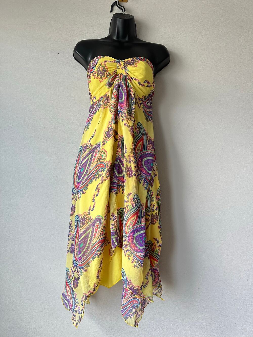 Vintage Y2K Silk Yellow Paisley Handkerchief Hem Strapless Dress Size 12 Boho